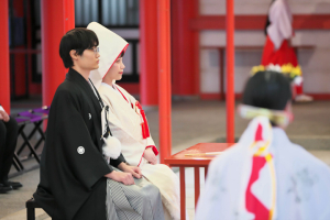 生田神社にて神前式中の新郎新婦